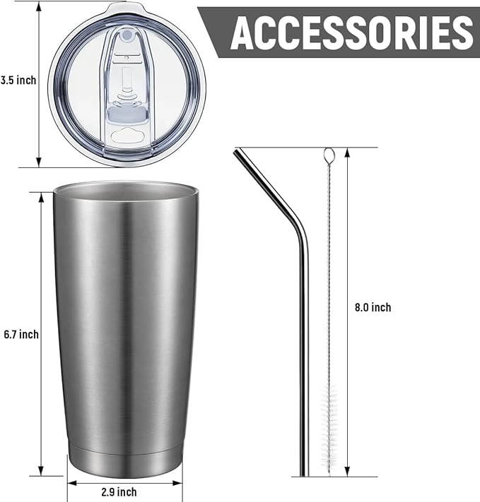 COMOOO 20oz Stainless Steel Tumbler Bulk Double Wall Vacuum Coffee Cup Insulated Travel Mug with Lid and Straw Durable Powder Coated Insulated Coffee Cup for Cold & Hot Drinks (silver, 8 pack