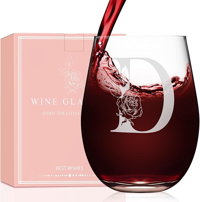 Valentines Day Gifts for Her, Gifts for Women Her Friend Mom Grandma Wife Sister Bridesmaid Nurse, Birthday Galentines Mothers Day Christmas, Personalized Initial Customized Wine Glasses 18OZ(D)