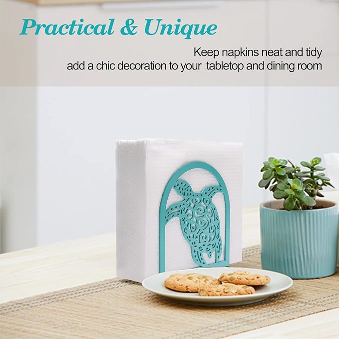Coastal Sea Turtle Napkin Holder for Table - Teal Kithen Decor and Accessories, Ocean Decor for Bedroom Bathroom, Houserwarming Gifts for Women Turtle Lovers, Hollowed-out Craft Pattern, Metal