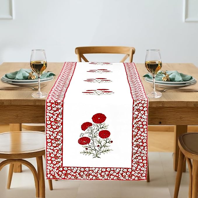 Salmon Pink Buta Hand Block Print 100% Cotton Reusable Table Runner 16" X 70" by Ridhi