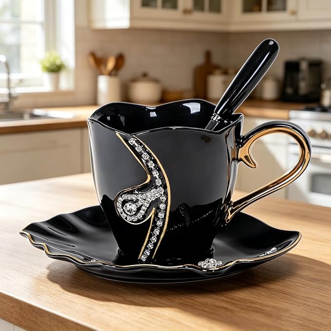 7 Oz Luxury Rhinestone Ceramic Coffee Cup and Saucer Set - Image 2