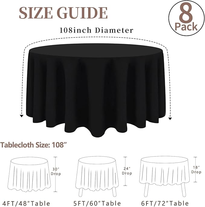 8 Pack Round Tablecloth 108 Inch Black Table Cloth for Round Tables, Washable Polyester Tablecloth Stain and Wrinkle Resistant Decorative Table Cover for Wedding Party Dining Banquet