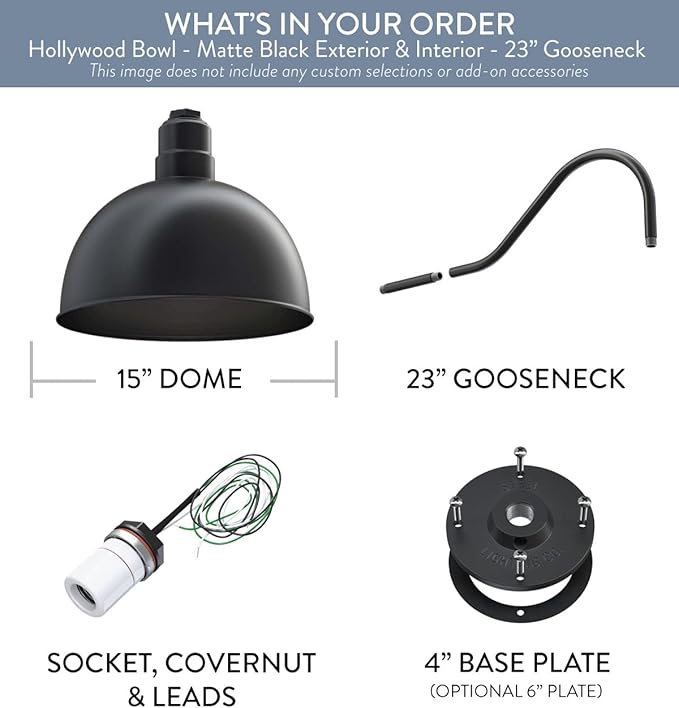 Steel Lighting Co. Hollywood Bowl Light | Outdoor Wall Mounted | 15 inch Bowl Dome | 23 inch Gooseneck | Barn Light Made in America | Matte Black Exterior/Matte Black Interior