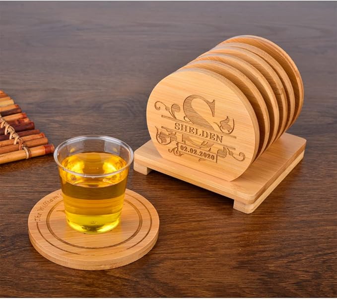 Personalized Bamboo Coasters, Custom Engraved Monogram Coasters with Holder, Great Gifts for Relatives, Friends or Yourself (Set of 6)
