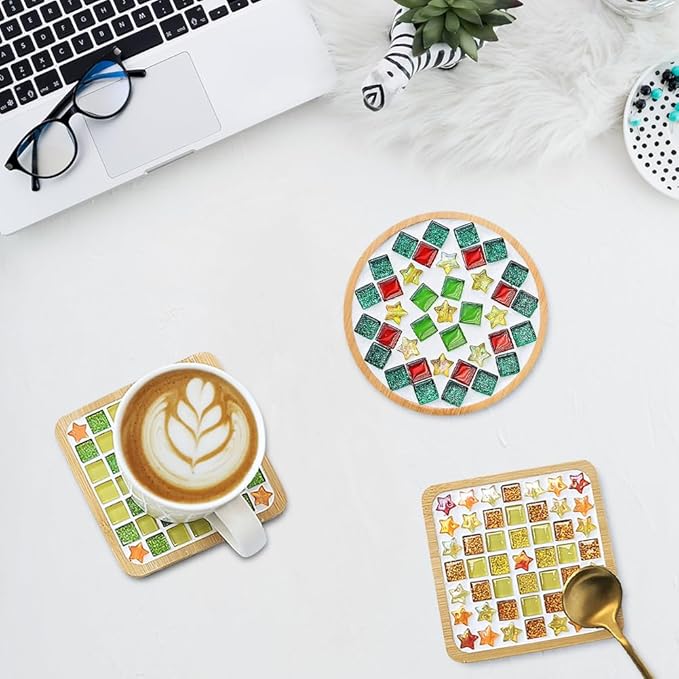 Airsnigi 10 Set DIY Mosaic Tiles for Crafts Mixed Color Mosaic Kits with Wooden Coasters Handmade Glass Coasters Crafts Set for Adult Creative Handmade Home Decoration Christmas Gift