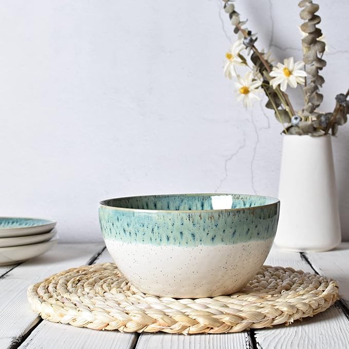 Bosmarlin Stoneware Soup Bowl Set of 4, 26 Oz, Cereal Bowl for Oatmeal, Dishwasher and Microwave Safe, Reactive Glaze (Turquoise Green, 6 in)