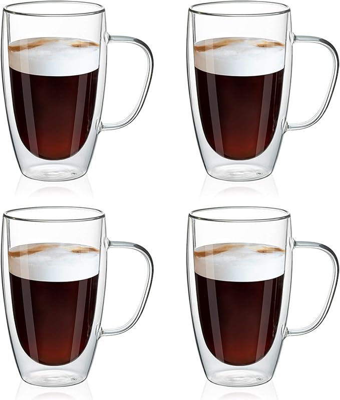 MEWAY 16oz/4 pack Coffee Mugs, Thickened Clear Glass Double Wall Cup by MEWAY