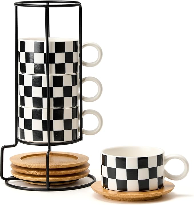 LUKA 6 Ounce Ceramic Stackable Black and White Checkered Espresso Cups by LUKA