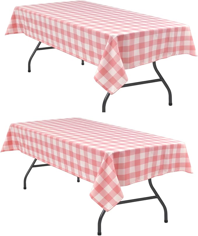 Plaid Tablecloth 2 Pack, 60 x 84 inch, Peach Pink and White | Waterproof by Hiasan