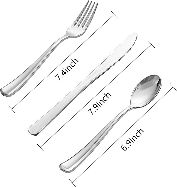 WDF 500PCS Silver Plastic Silverware - Plastic Silver Utensils - 250 Forks 125 Spoons 125 Knives - Heavy Duty Disposable Silverware Sets for Parties Wedding Valentine's Day