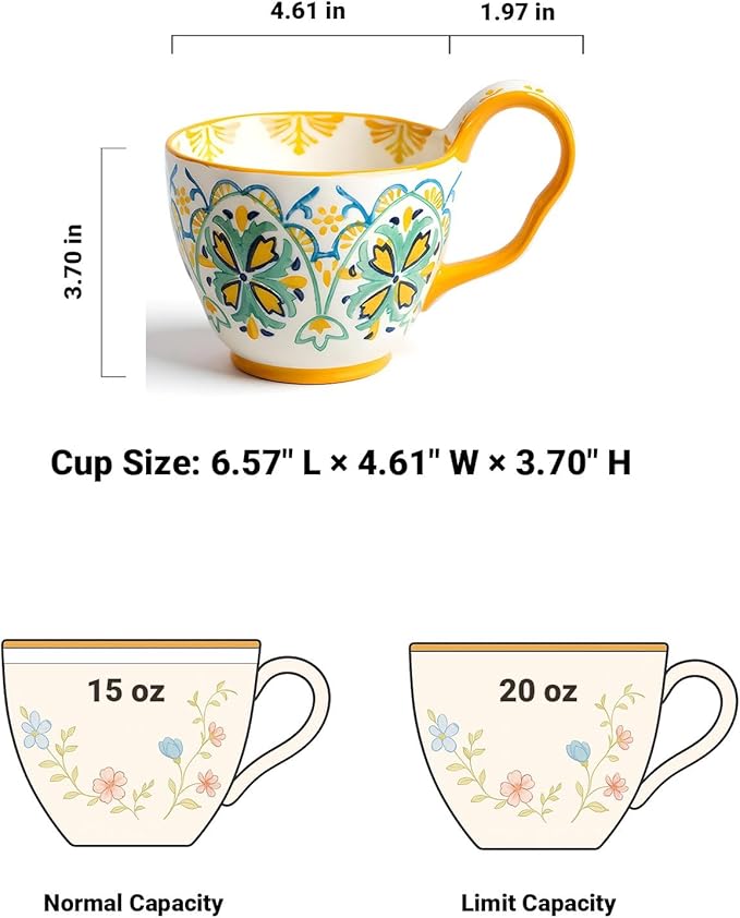 25oz Ceramic Soup Bowl with Handle – Handcrafted Floral Pottery Cereal & Ramen Bowl – Large Microwave & Dishwasher Safe Decorative Bowl for Everyday Use or Gift (Amalfi Bloom, 20oz)