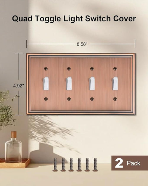 2-Pack Quad Toggle Light Switch Cover Plate, Durable Zinc Alloy Decorative Switch Plate Covers, Antique Copper 4 Gang Wall Plate for Toggle Light Switch and Rotary Dimmer Switch