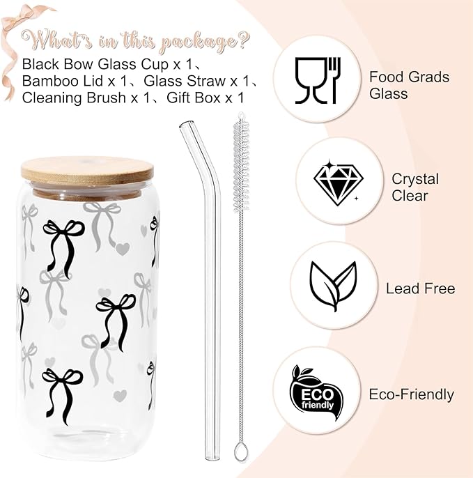 Coquette Black Bow Aesthetic Cup With Gift Box 16oz Glass Cup with Lids Straws and Black Bow Iced Coffee Smoothie Cute Tumbler with Cleaning Brush for Girls Bestfriend Sister Girlfriend, Preppy Stuff