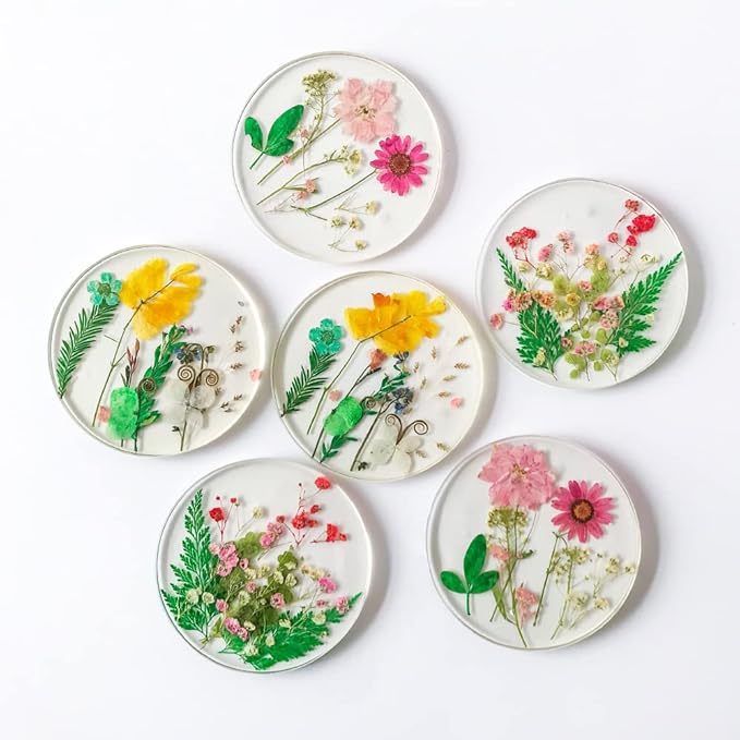 Floral Coasters for Drinks: Handmade Resin Coasters Tabletop Protection Cup Mat Round Coaster Set with Real Flower for Women Coffee Table Home Decor （Set of 6）