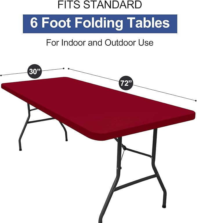 homing 2 Pack Rectangle Table Cloth, Elastic Fitted Fabric Tablecloth Fits for 6 Foot Folding Tables, Washable Table Cover for Picnic, Camping, Indoor & Valentine's Day (Wine Red, 30" x 72")