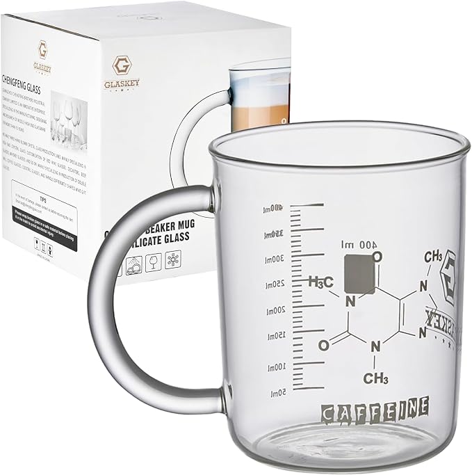 GLASKEY Caffeine Beaker Mug, 16 oz Anti-Dripping Borosilicate Caffeine Mug by GLASKEY