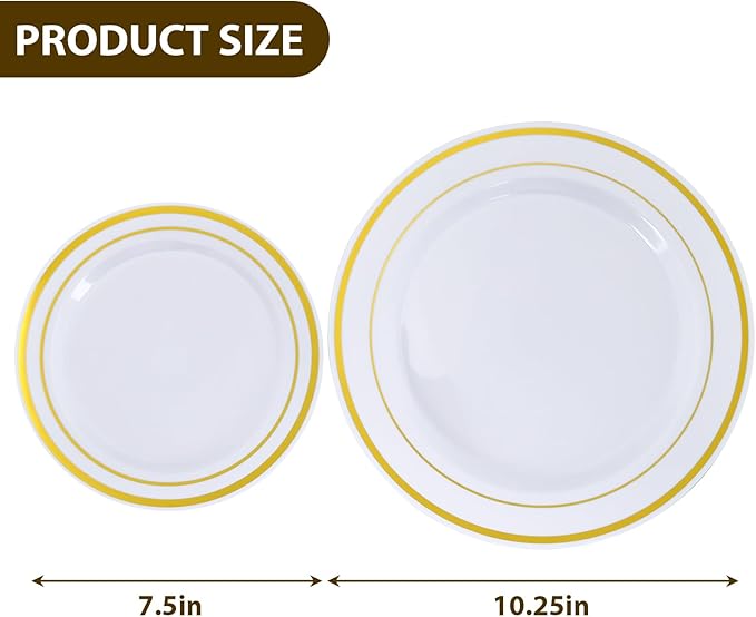 Moretoes 100PCS Gold Plastic Plates Disposable,Party Plates White Gold Rim, 10.25inch Dinner Plate and 7.5inch Dessert Salad Plate for Wedding Party and Birthday