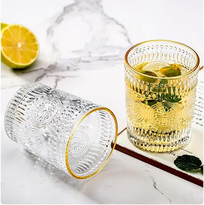 2 Pack 10 OZ Cute Embossed Glass Cup Vintage Drinking Glasses | Thick - Image 2