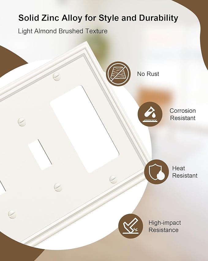 2-Pack Combo Double Toggle/Single Decorator Outlet Cover Plate, Zinc Alloy Decorative Light Almond 4 Gang Switch Plates for Electrical Outlets, Receptacle, GFCI Outlet, Dimmer Switch