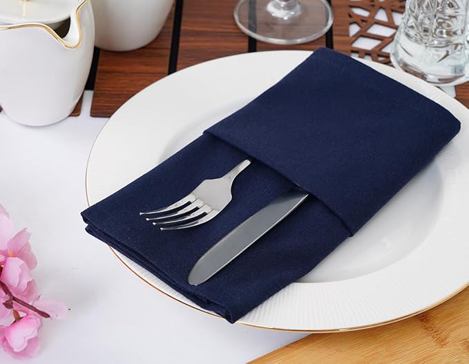 Blue Needles Solid Cloth Napkins Set of 12 Navy Blue 100% Cotton Dinner Napkins 18x18 inches - Soft, Reusable, Absorbent & Washable Linen, Ideal for Wedding Events, Parties & Everyday Use