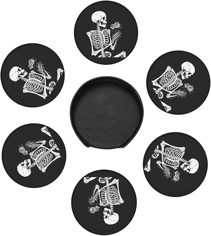 Roses Skeleton Skull Rock and Roll Leather Coasters Set of 6 - Image 7