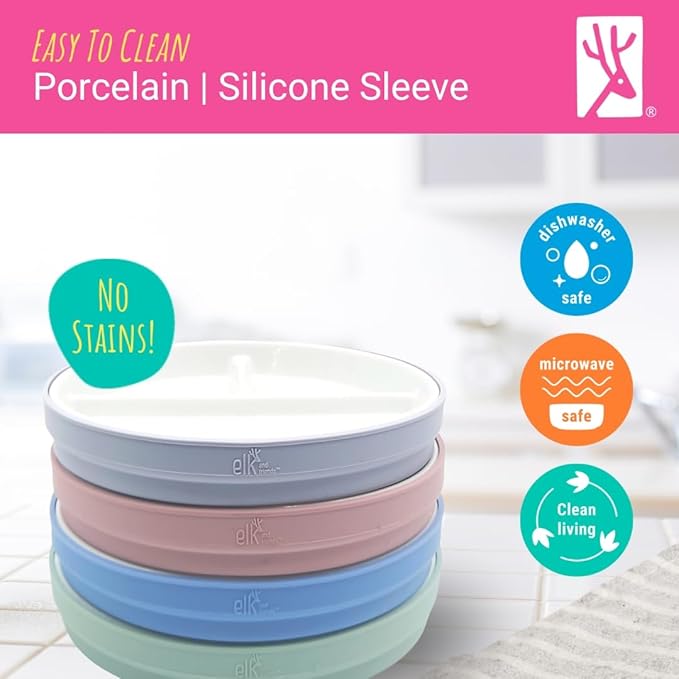 Elk and Friends Kids 7.8” Porcelain Divided Plates with Silicone Sleeves | Suitable for Babies/Kids/Toddlers | Microwave & Dishwasher Safe | Non Slip | Snack Dishes