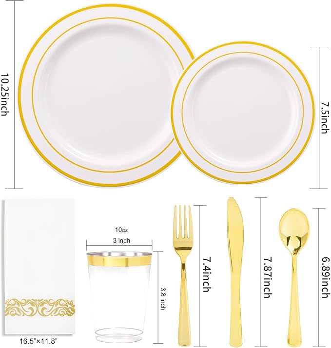 350 Pieces White and Gold Plastic Plates - 50 Guest Dinnerware Set Include 100 Plates, 50 Gold Plastic Silverware, 50 Paper Napkins and 50 Cups for Party Wedding Valentine's Day