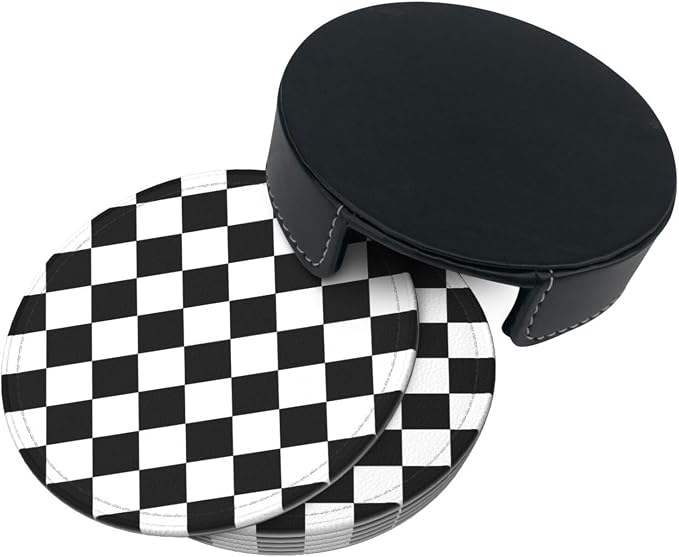 Drink Coasters with Holder Stand Set of 6 Black and White Checkerboard Pu - Image 7