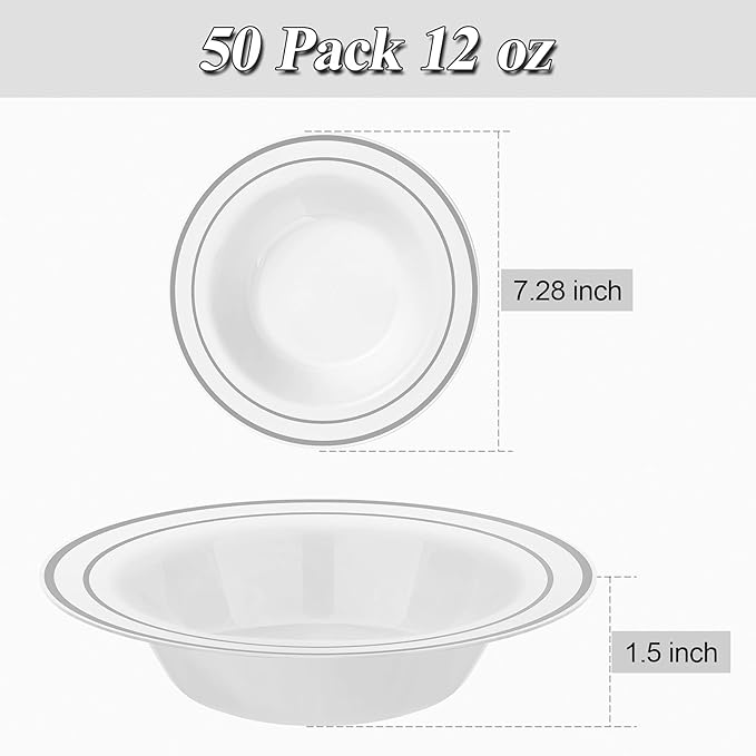 BESTSTAR 50 Pack Disposable Soup Bowls with Silver Rim, 12oz Premium Heavy Duty Plastic Dinner Bowls for Party, Wedding and Holiday