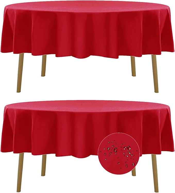 Fokitut 2 Pack Waterproof Round Tablecloth, 90 Inch, Stain Resistant and Wrinkle Polyester Table Cloth, Fabric Table Cover for Kitchen Dining, Wedding, Party, Holiday Dinner-Red