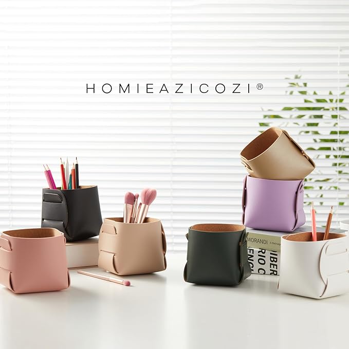 HOMIEAZICOZI 2-Pack Cork Leather Desk Accessories Storage - Pencil Pen Holder - Makeup Brush Holder Organizer - Stylish Addition to Home Decor (Apricot)
