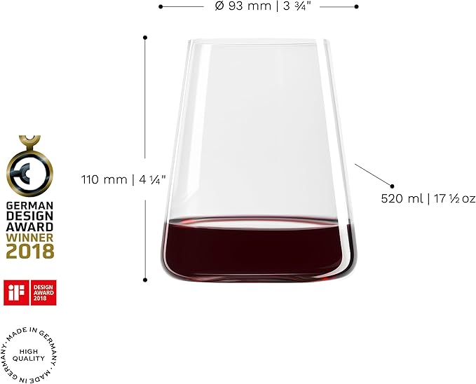 Stölzle Lausitz Red Wine Tumblers Power Set of 6, 17 1/2 oz – Modern Stemless Wine Glasses for Maximum Aroma – Flat Red Wine Glasses in Crystal Glass – Dishwasher & Break-Resistant, Made in Germany