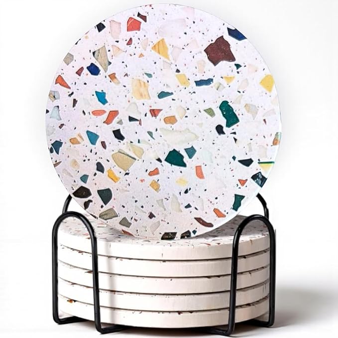 Terrazzo Coasters Set of 6, Ceramic Absorbent Drink Coasters, Cute Moisture Absorbing Coaster, Coffee Table Desk Decor, Colorful Stone Coaster for Drinks (Mosaic with Black Holder)