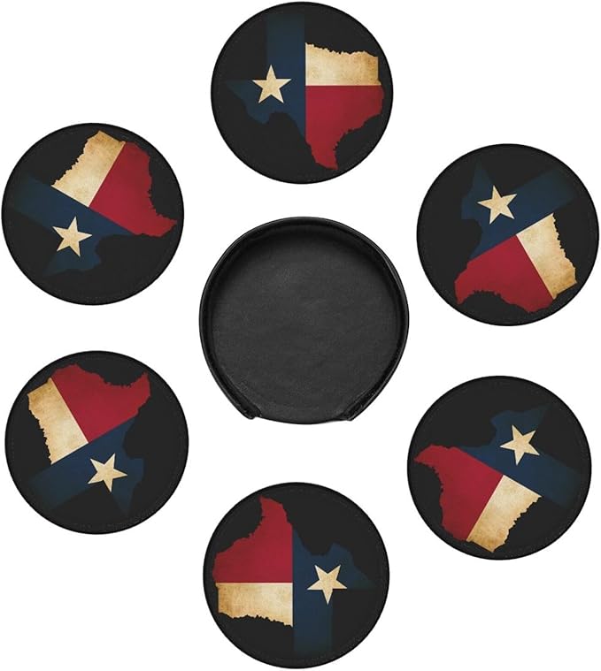 Texas Flag Coasters for Drinks with Holder Round Leather Coasters Set of 6 Cups Mugs Mat Pad for Home Kitchen Bar