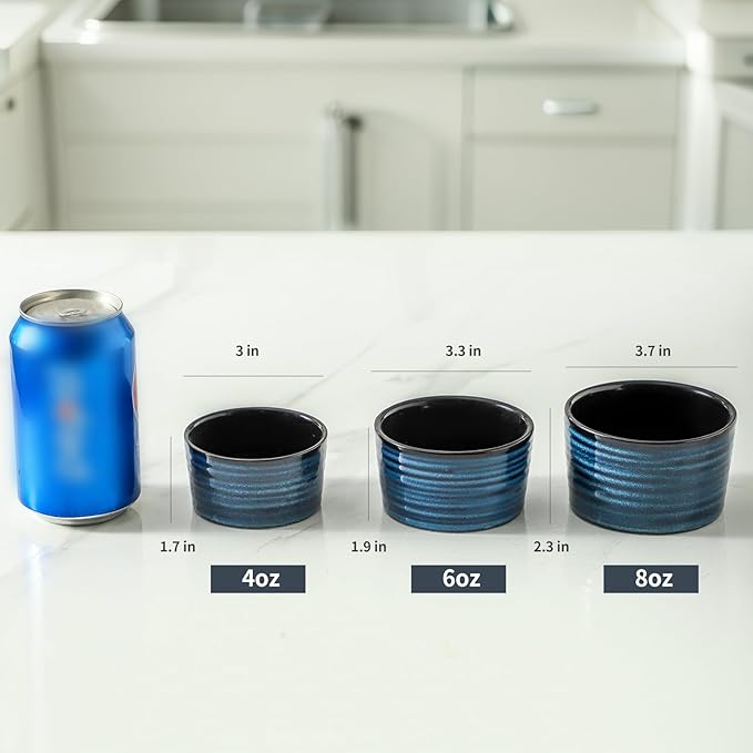 Ceramic 4 oz Ramekins,Small Souffle Dishes Set of 6, Mini Baking Bowls for Kitchen, Porcelain Dipping Sauce Cups for Creme Brulee, Pudding, Ice Cream, Lava Cakes, Microwave & Oven Safe, Blue