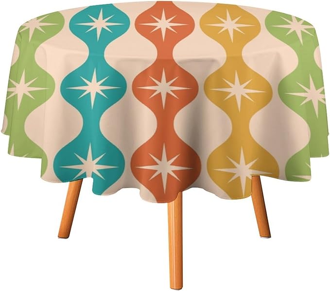 Mid Century Modern Round Tablecloth, Vintage Abstract Colorful Geometric Tablecloth for Home Party Dining Room Kitchen Decor 70Inch(178cm)
