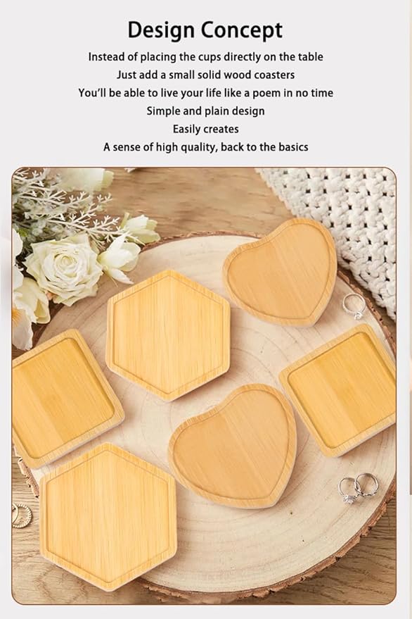 Wood Coasters Set of 4 - Handcrafted Drink Coaster Thick Heat-Resistant for Office, Bar, Farmhouse - Natural Bamboo Drink Cup Coasters for Table Protection (Flower)