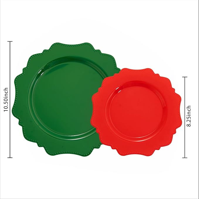 COLOSUS 100pcs Red and Green Plastic Plates, Red and Green Christmas Plastic Plates, Heavy Duty 25 Green/Red Dinner plate 10.5” and 25 Red/Green Salad/Dessert Plate 8.25” suite for Festival