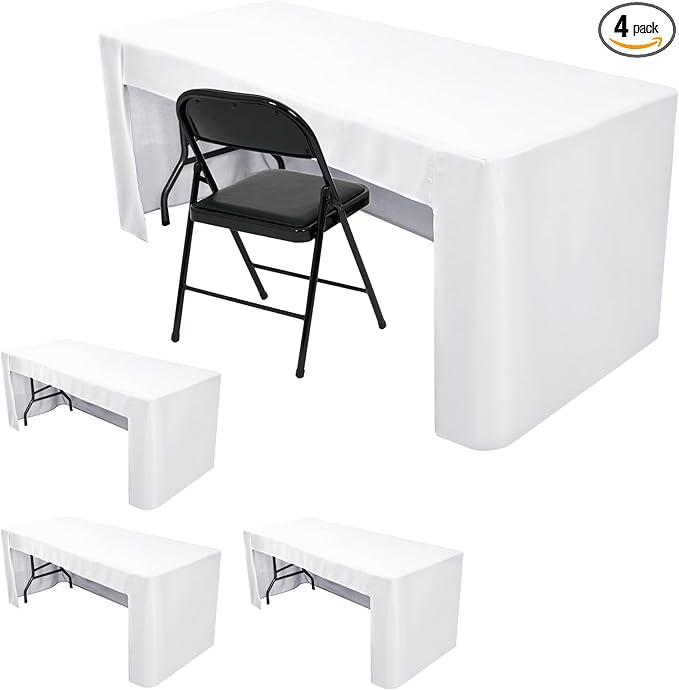 Nasitos 4 Pack White Fitted Table Covers for 8 Foot Tables-Open Back Tablecloth Washable Fabric Table Cloth for Parties, Wedding, Banquet, Jewelry Shows, Craft Fair, Trade Show
