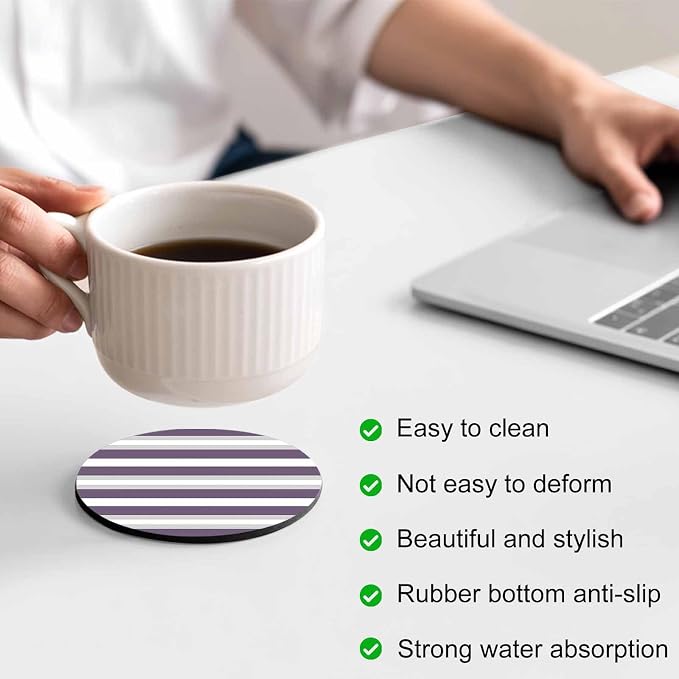 Purple Grey Stripe Coasters Set of 4, Minimalist Farmhouse Striped Soft - Image 4