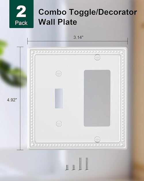 2-Pack Combo Toggle/Decorator Light Switch Cover Plate, Pearls Decorative Electrical Outlet Covers, Metal Wall Switch Plates and Outlet Covers, Pure White