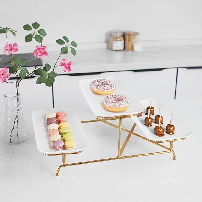 3 Tier Serving Trays for Party, 12.2 Inch Porcelain Serving Platters and Tiered Trays, Foldable Sturdy Gold Stand, for Food Display, Fruit, Cake Dessert, Decoration Entertaining, White