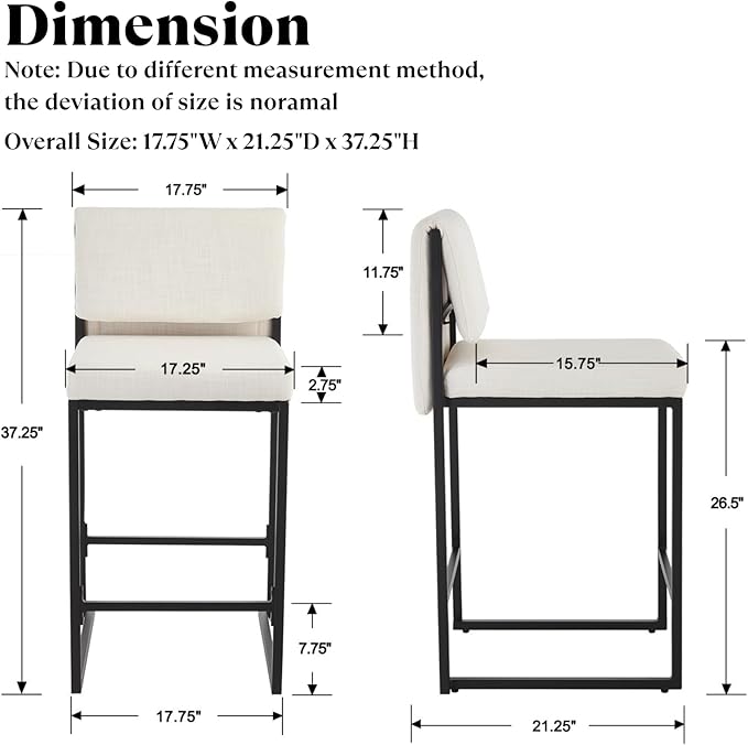 Modern Barstools Set of 2, 26” Upholstered Counter Height Bar Stools Linen Fabric Counter Stools with Padded Back Metal Frame for Kitchen Island Dining Room, Beige