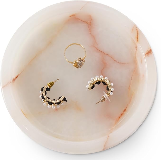 Marble Jewelry Dish for Women 5 Inch Handmade White Onyx Stone Holder for Ring & Necklace - Decorative Trinket Tray, Key Bowl & Candle Plate for Vanity Decor Accessories & Gifts