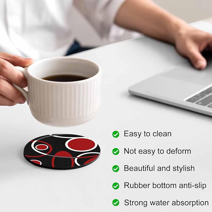 Black Red Coasters Set of 6, Non-Slip Cup Coaster Mat - Image 4