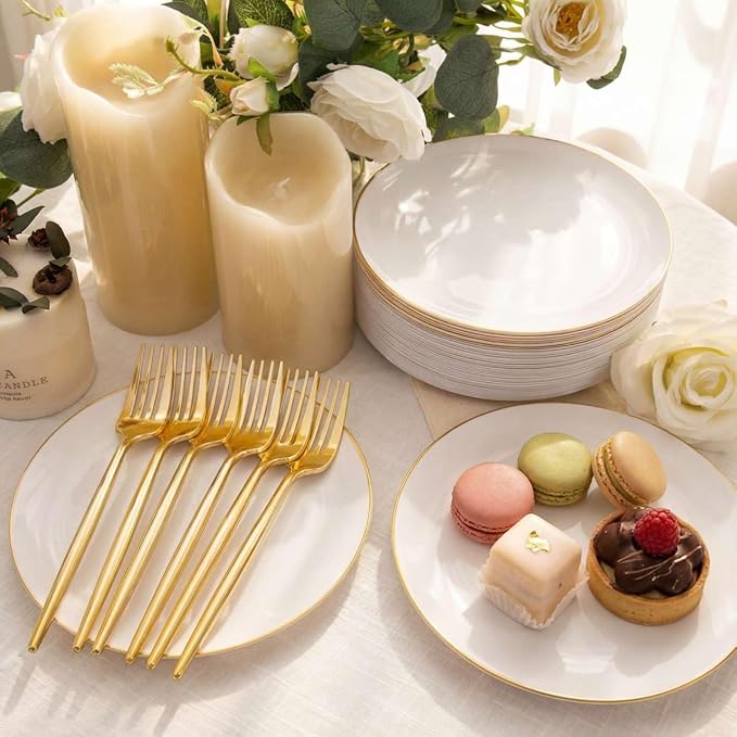 Rubtlamp 200Pcs Gold Plastic Dessert Plates,White Appetizer Platos with Gold Disposable Forks, Fancy Small Dessert/Cake Plates Include 100pcs 7.5" Salad Platos, 100pcs 7.6" Plastic Forks for Party