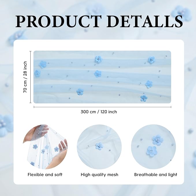 Artoid Mode Blue Flower Pearl Blue Gauze Table Runner 10FT 3PC, Seasonal Sheer - Image 7