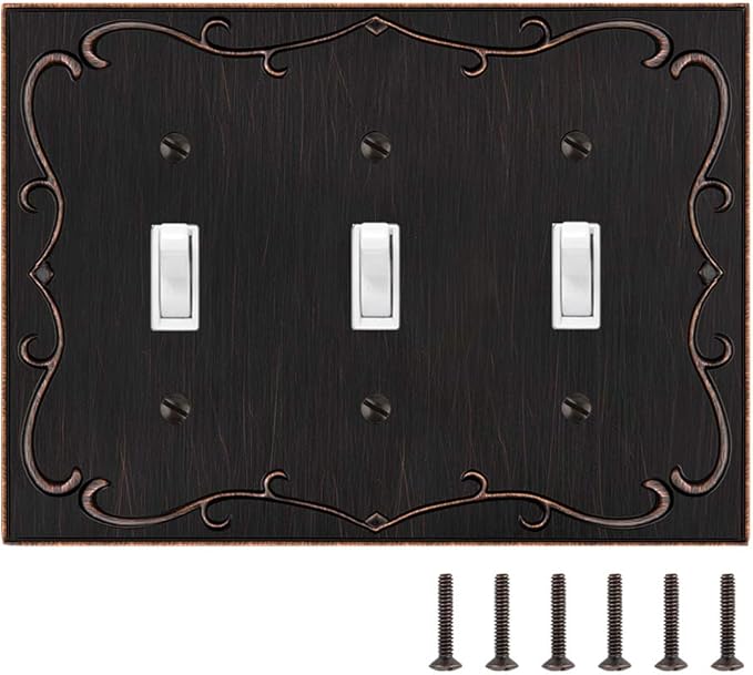 French Cabriole Decorative Wall Plate Switch Plate Outlet Cover (Triple Toggle, Aged Bronze)