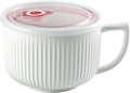 Ceramic Soup Bowl with Handle & Lid, Jumbo 38oz Microwave Ramen Bowl White | by Hoilse