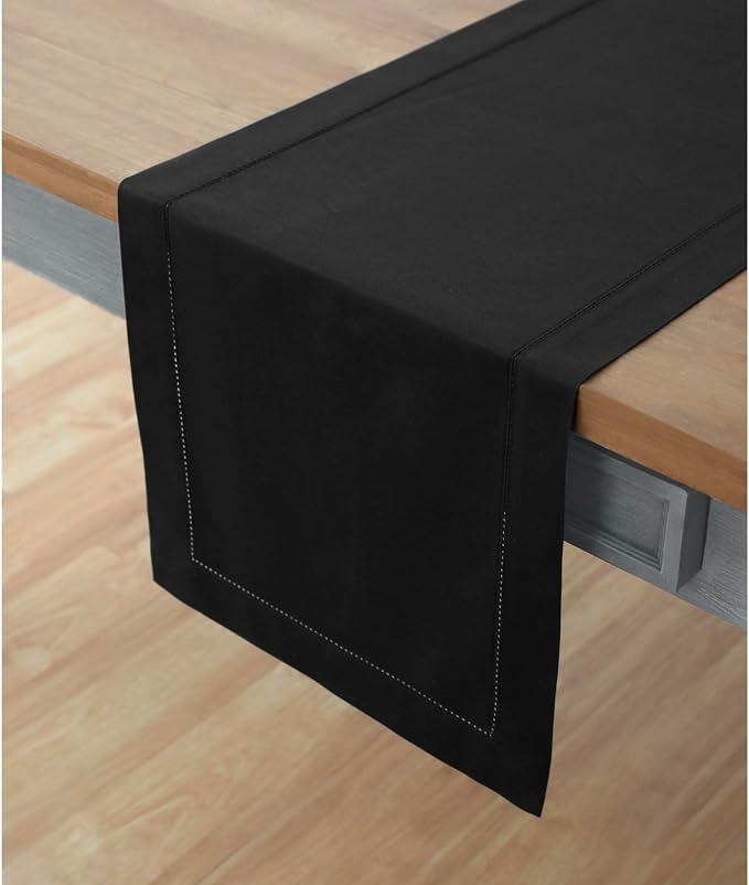 Solino Home Cotton Linen Dining Table Runner Black Hemstitch, 14 x 72 in | - Image 2